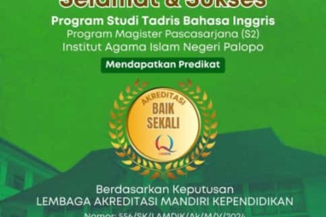 Selamat! Prodi Tadris Bahasa Inggris S2 IAIN Palopo Raih Akreditasi Baik Sekali