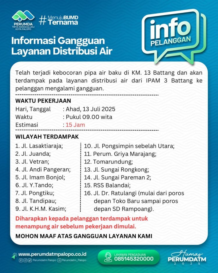 Perbaikan dan Pemeliharaan Pipa Air Baku, Perumda TM Palopo Imbau Pelanggan Tampung Air