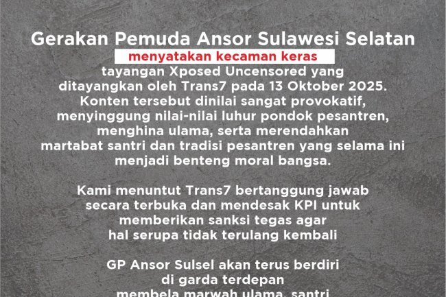 PW GP Ansor Sulsel Kecam Tayangan Trans7