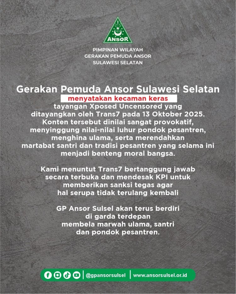 PW GP Ansor Sulsel Kecam Tayangan Trans7