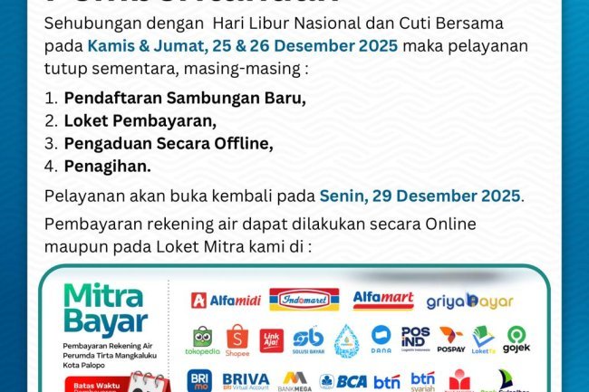Libur Natal dan Cuti Bersama, Pelayanan Tatap Muka Perumda Tirta Mangkaluku Palopo Tutup Sementara