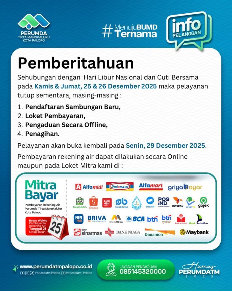 Libur Natal dan Cuti Bersama, Pelayanan Tatap Muka Perumda Tirta Mangkaluku Palopo Tutup Sementara
