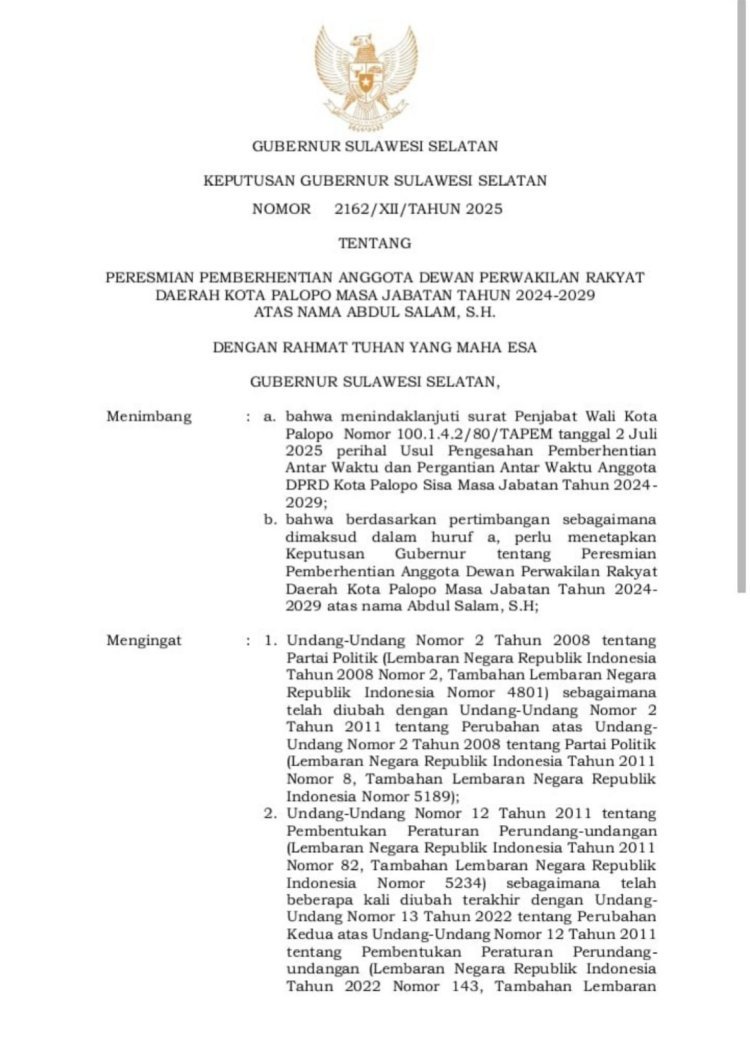 Gubernur Sulsel Resmi Berhentikan Legislator Palopo, Sengketa Internal Tak Hentikan PAW